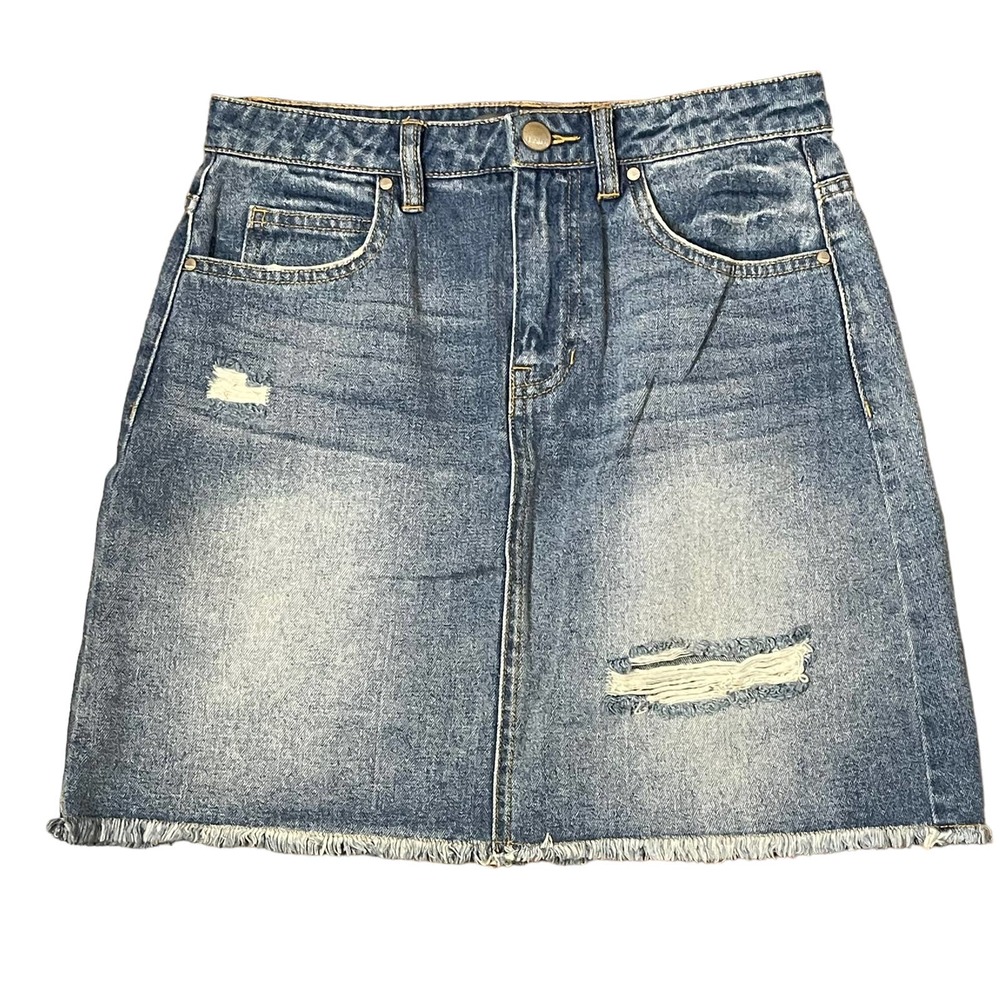 Harper A-Line Distressed Denim Mini Skirt Women Small Raw Hem Medium Wash Cotton